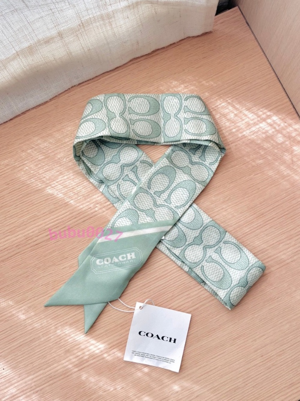 NWT🍏Coach Textured Signature Print Silk Skinny Scarf Mint C2783 Hair Bag Green